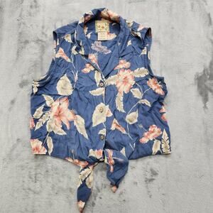Vintage Kylani Bay Top Womens 14 Blue Pink Floral Silk Sleeveless Tie Front